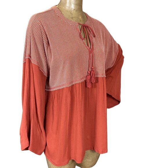 Gigio Long Bell Sleeve BOHO Tassle Tie Tunic Top Sz S Rust #312J - Picture 4 of 9